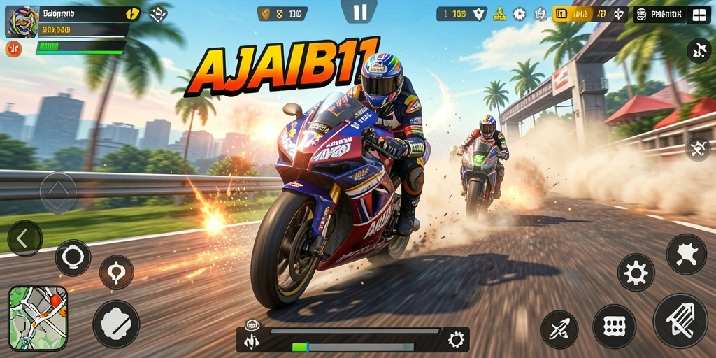 Gameplay AJAIB11 yang seru dengan balapan motor penuh aksion.