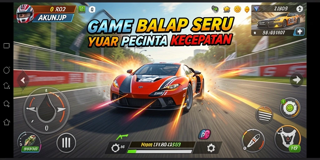 Tampilan gameplay menegangkan dengan mobil balap di trek yang indah.