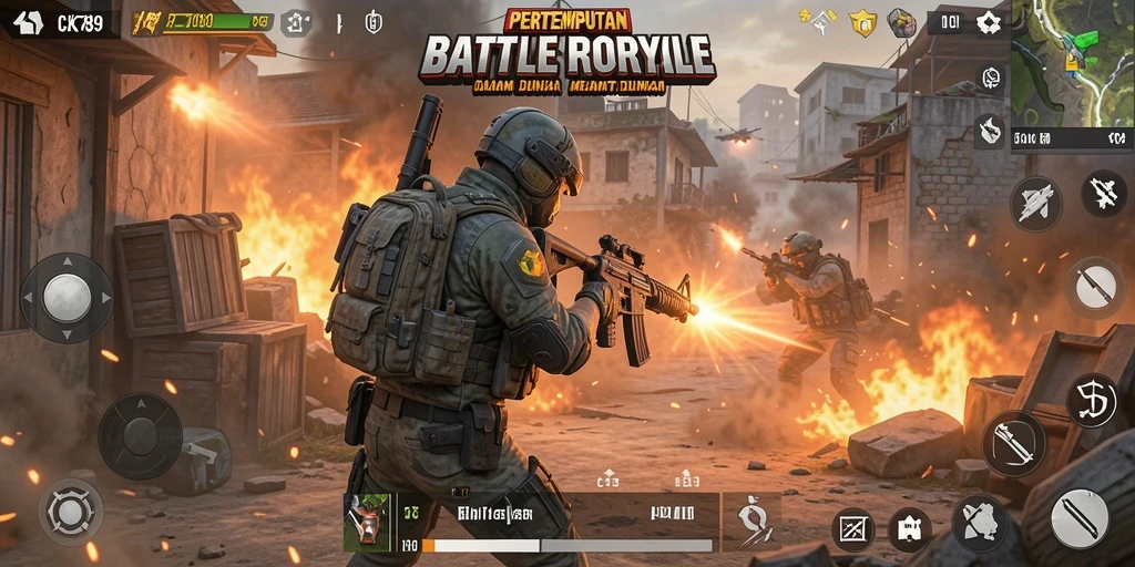 Menampilkan aksi intens dalam gameplay Battle Royale CK789.