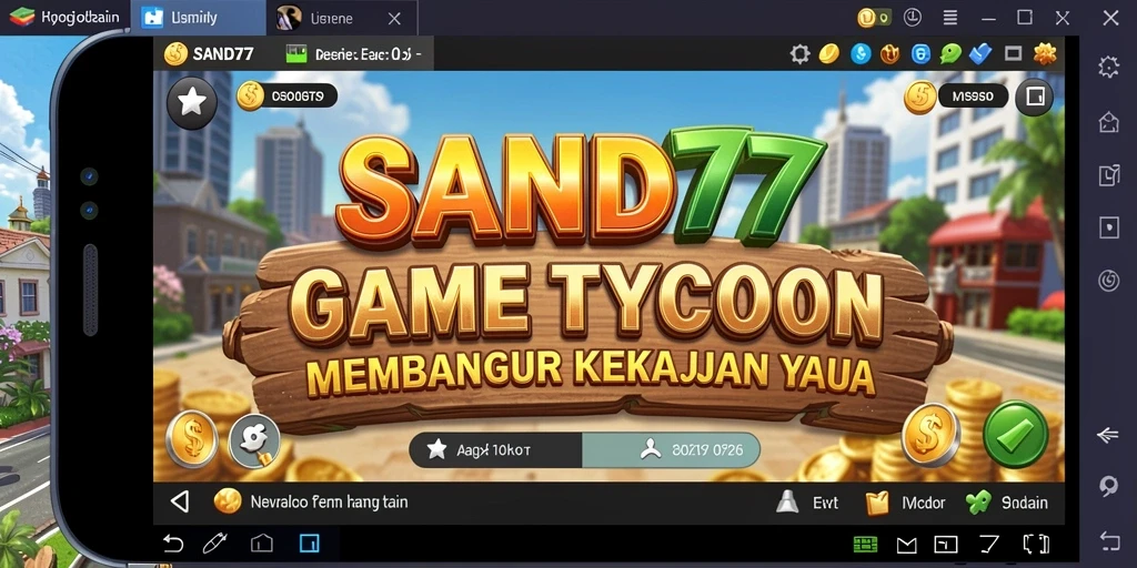 Tampilan gameplay SAND77 dengan visual yang menarik dan strategi bisnis.