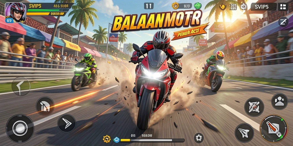 Screenshot SVIP5 menampilkan aksi balapan motor yang mendebarkan.
